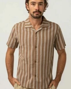 Rhythm Mens Vacation Stripe SS Shirt - Latte