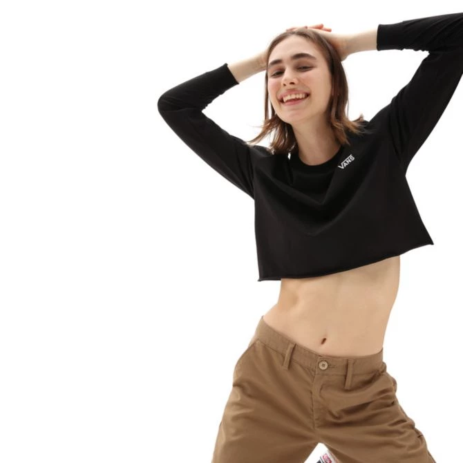 Vans Junior V Long Sleeve Cropped Girls T-Shirt In Black 1 Vans Junior V Long Sleeve Cropped Girls T-Shirt In Black